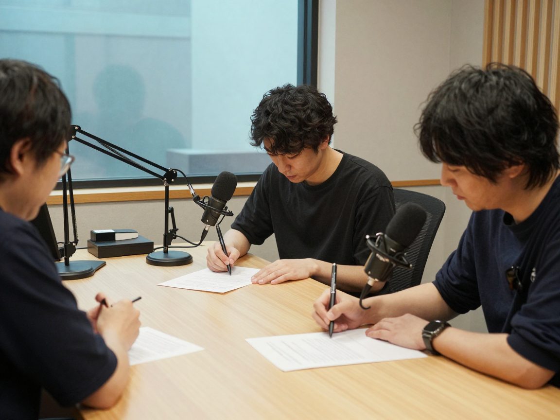 スタジオでホストが利用許諾書に署名する場面